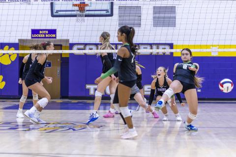 Columbia celebrates after match point in Thursday's five-set victory over Suwannee. (JACK HOWDESHELL/Lake City Reporter)