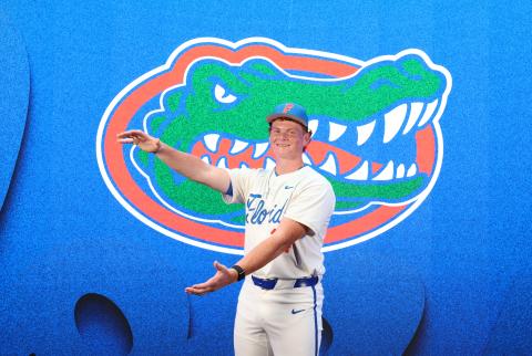 Columbia two-way standout does the Gator chomp on his recent visit to Florida. Slaymaker committed to UF on Saturday. (COURTESY)