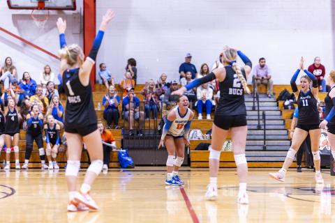 Branford's volleyball team celebrates a point against Lafayette on Aug. 27. (JACK HOWDESHELL/Lake City Reporter)