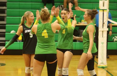 The Suwannee Bulldogs celebrate after a point against Columbia on Sept. 30. (PAUL BUCHANAN/Lake City Reporter)