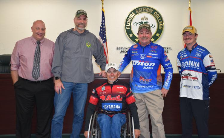 Florida Gateway College will be home to a competitive bass fishing club starting in the fall. Release and photo attached. Pictured are Dr. Lawrence Barrett (from left) and coaches Rob Chapman, Ron Ryals, Shaw Grigsby and Hunter Bland. (COURTESY)