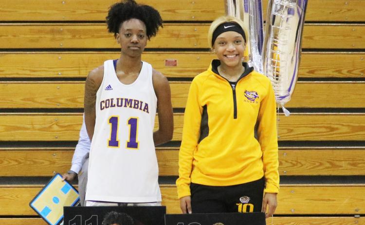 Columbia seniors Bree Dixon (11) and Taylor Ivery (10) were recognized on Senior Night prior to Thursday’s game against Buchholz. (JORDAN KROEGER/Lake City Reporter)
