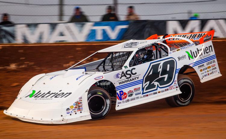 Jonathan Davenport spent this week in Tampa for the Winter Nationals at East Bay Raceway Park, and ran into trouble Wednesday. He hooked a rut, folded under his nose on the right front and was plowed into from behind, totaling his No. 49 car. (HEATH LAWSON/Special to the Reporter)