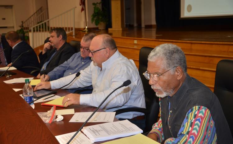 County Commissioners are seen just before the start of Thursday’s meeting. From right are Ron Williams, Rocky Ford, Bucky Nash, Chairman Toby Witt and Tim Murphy. (CARL MCKINNEY/Lake City Reporter)