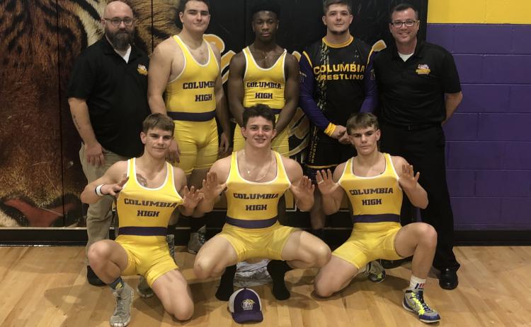 Columbia held Senior Night against Orange Park on Wednesday. Pictured are assistant coach Gary McGuigan (back row, from left),  Jesse Braden, Daveyon Brown, Bryson Reobuck and coach Pete Whittington; Ian McGuigan (front row, from left), Preston O’Quinn and Alex McGuigan. (JORDAN KROEGER/Lake City Reporter)