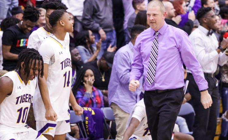 Columbia coach Steve Faulkner reacts as his team closes out a victory over Daytona Beach Mainland in Friday night’s Region 1-6A final. The win sent the Tigers to their first Final Four since 1968. (BRENT KUYKENDALL/Lake City Reporter)