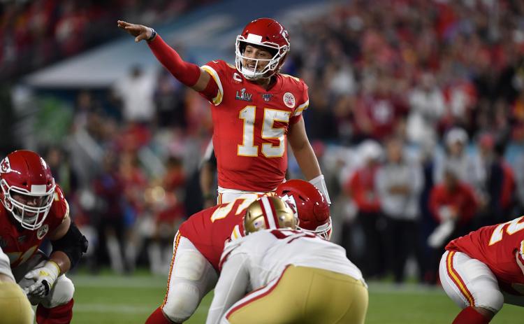 Kansas City Chiefs quarterback Patrick Mahomes (15) directs his offense during Super Bowl 54 against San Francisco 49ers on Feb. 2 at Hard Rock Stadium in Miami Gardens. (TAMMY LJUNGBLAD/Kansas City Star/TNS)