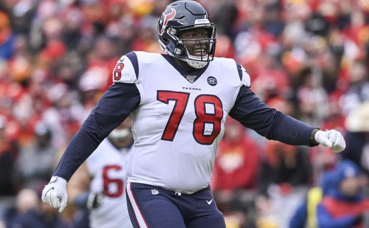 Houston Texans left tackle Laremy Tunsil (78) celebrates his team’s touchdown against the Kansas City Chiefs on Jan. 12 in Kansas City, Mo. (REED HOFFMANN/Associated Press)