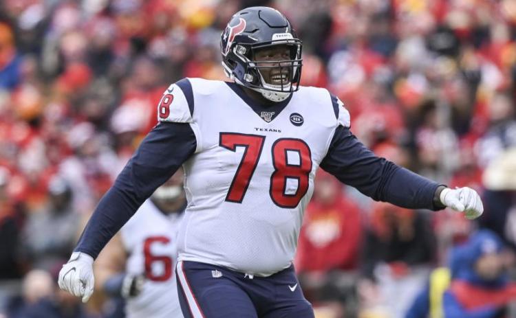 Houston Texans left tackle Laremy Tunsil (78) celebrates his team’s touchdown against the Kansas City Chiefs on Jan. 12 in Kansas City, Mo. (REED HOFFMANN/Associated Press)