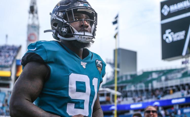 Jacksonville Jaguars defensive end Yannick Ngakoue (91) walks off the field after an NFL football game against the New York Jets at TIAA Bank Field, Sunday, Oct. 27, 2019 in Jacksonville. (TRIBUNE NEWS SERVICE)
