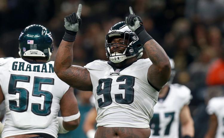 Timmy Jernigan (93) celebrates his sack against the New Orleans Saints while playing for the Philadelphia Eagles in the NFC Divisional Playoff Game at Mercedes Benz Superdome on Jan. 13, 2019, in New Orleans. (SEAN GARDNER/Getty Images/TNS)