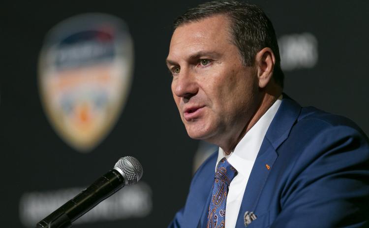 Florida Gators head coach Dan Mullen speaks to the media about the 2019 Orange Bowl during a press conference at the Hard Rock Hotel on Dec. 11, 2019, in Hollywood. (MATIAS J. OCNER/Miami Herald/TNS)