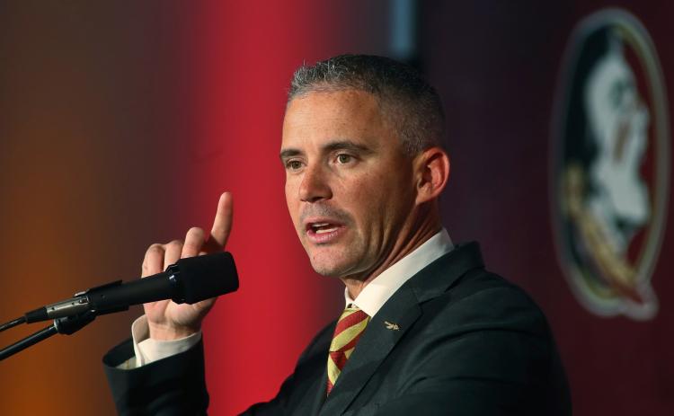 Florida State head football coach Mike Norvell speaks during his introductory news conference in Tallahassee. (MATT BAKER/Tampa Bay Times/TNS)