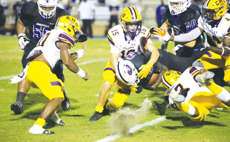 Columbia linebacker Jaden Dunn makes a tackle against Gainesville last season. (FILE)