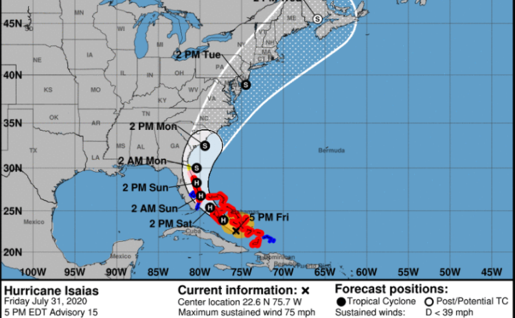 Hurricane Storm Isaias is tracking east towards the Atlantic Ocean, but is still expected to bring rain to Columbia County. (NOAA)