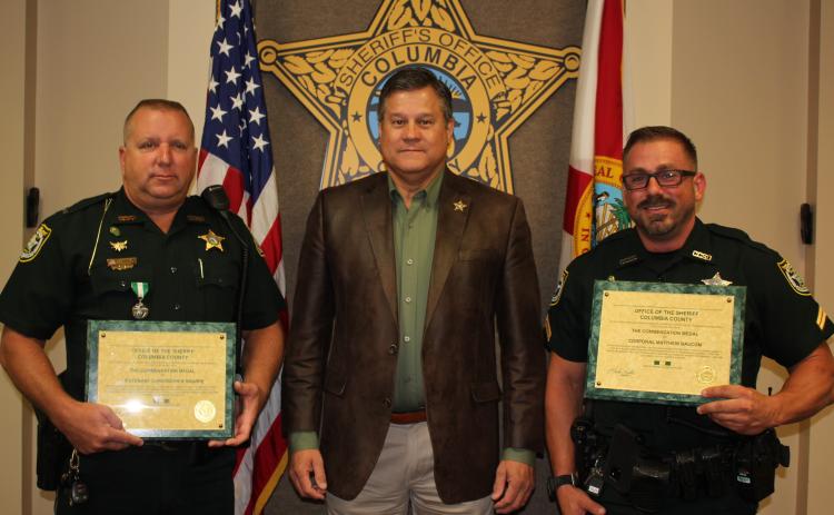 From left are Lieutenant Chris Sharpe, Sheriff Mark Hunter and Corporal Matthew Baucom. (COURTESY)