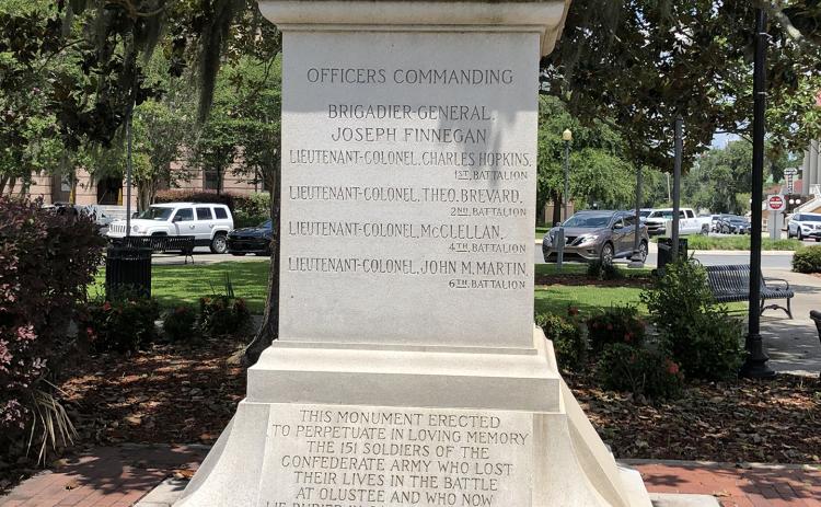 A Confederate monument sits in Olustee Park in downtown Lake City. The park is owned by the City of Live Oak, property appraiser records show. (FILE photo)