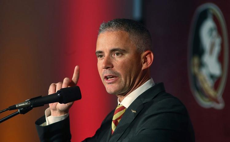 Florida State head football coach Mike Norvell speaks during his introductory news conference in December, in Tallahassee. (MATT BAKER/Tampa Bay Times/TNS)