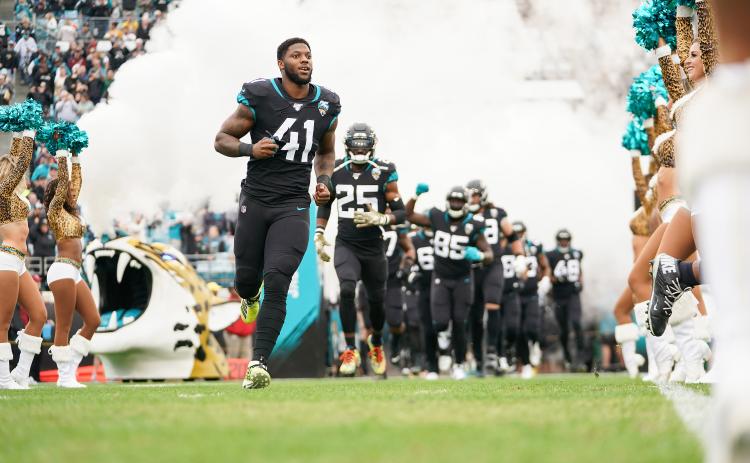 Jacksonville Jaguars defensive end Josh Allen (41) enters the field with his team before a game against the Los Angeles Chargers at TIAA Bank Field on Dec. 8, 2019, in Jacksonville. (JAMES GILBERT/Getty Images/TNS)