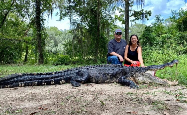 Stephen and Amy Smith with ‘Big John’ a 12-foot alligator they hunted and caught in the 15-acre pond behind their home off Lake Jeffery Road. (COURTESY STEPHEN AND AMY SMITH)