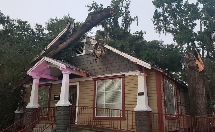 Part of a tree fell on the law office of Lloyd and Sandra Peterson on Baya Avenue after being struck by lightning during a thunderstorm Monday evening. (Courtesy LAKE CITY POLICE DEPARTMENT)