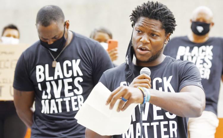 Jacksonville Jaguars receiver Chris Conley addresses a crowd of teammates, staff and families on the steps of the Jacksonville Sheriff's Office headquarters building on June 5, in Jacksonville, as they protest against inequality and police brutality. (TNS FILE PHOTO)