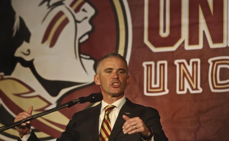 Florida State coach Mike Norvell vehemently denied accusations by current player who posted on social media the officials are lying about how the coaching staff is handling safety protocols during the coronavirus pandemic. (PHIL SEARS/AP FILE PHOTO)