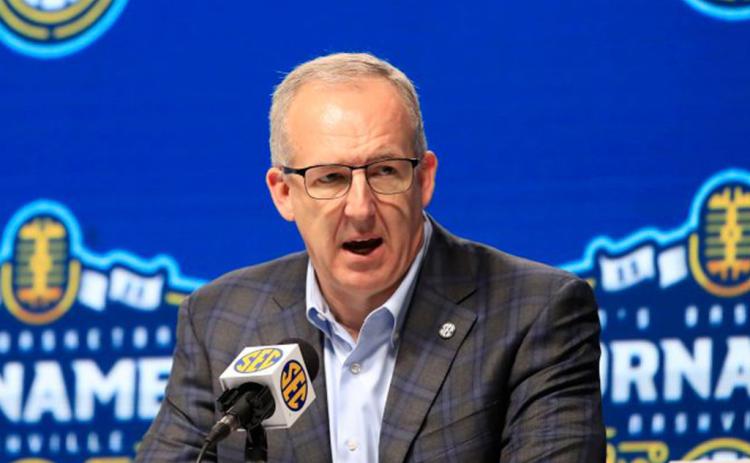 SEC Commissioner Greg Sankey addresses the media following the announcement of the cancellation of the SEC Basketball Tournament at Bridgestone Arena on March 12, in Nashville, Tenn. After the Power Five conference commissioners met Sunday, Aug. 9, 2020, to discuss mounting concern about whether a college football season can be played in a pandemic, players took to social media to urge leaders to let them play. (ANDY LYONS/Getty Images/TNS)