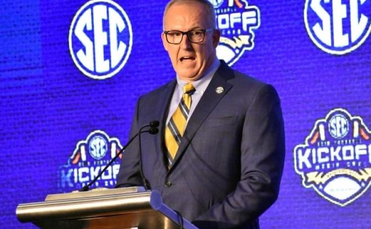 Southeastern Conference Commissioner Greg Sankey speaks at SEC Media Days last year in Hoover, Ala. (ERIC BLUM/Tribune)