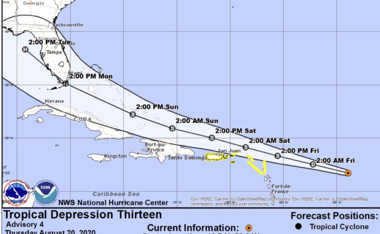 Tropical Depression 13's early track showed it potentially could reach Florida by Monday as a hurricane. (NATIONAL WEATHER SERVICE)