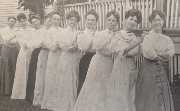 The Current Topics Club in 1906. Members included, from left, Mrs. J.L. Wells, Dadie Young (later Mrs. J.C. Sheffield), Janie Brown (first president, later Mrs. Burr L. Bixler), Mrs. F.A. Crowder, Mrs. J.C. Sheffield (1st), Mrs. W.H. Anthony, Ethel Warren (later Mrs. Herbert L. King), Mrs. James Wesley Stephens, May Vinzant (later G.J. Perkins) and Alice Appleyard (later Mrs. J.O. Clarkson). (COURTESY)