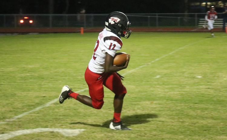 Fort White defensive back Najeeb Smith returns an interception against Santa Fe on Friday night. Smith also caught four passes for 113 yards while playing receiver. (JORDAN KROEGER/Lake City Reporter)