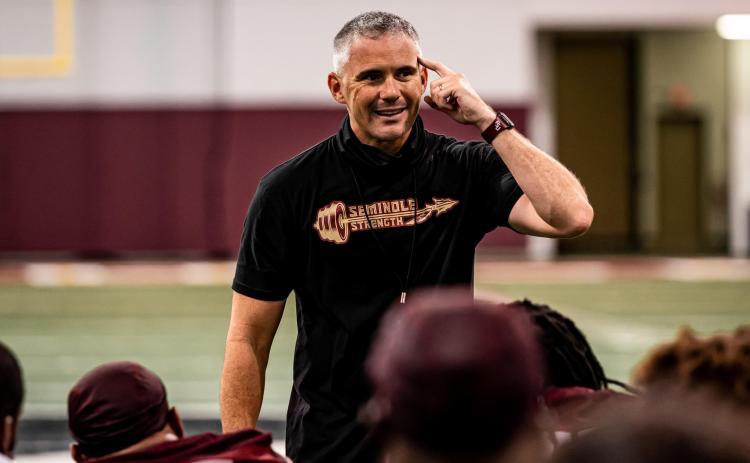 Florida State coach Mike Norvell addresses his team during a practice this summer. Norvell’s first season at Florida State should be an upgrade from the Willie Taggart era. He posted four winning seasons at Memphis before taking over at FSU. (COURTESY OF FSU ATHLETICS)