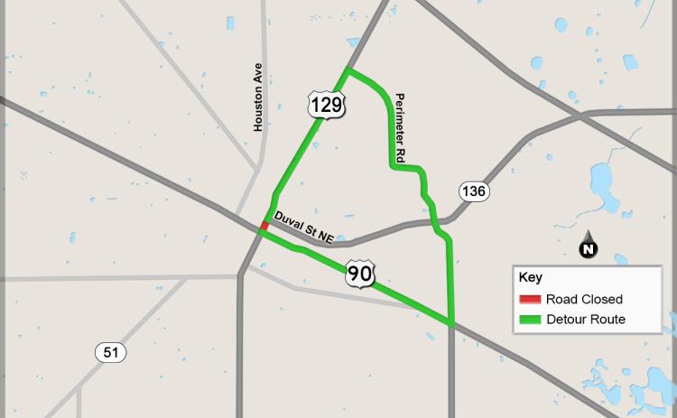 During the closure of U.S. 129 in downtown Live Oak, traffic will be detoured along U.S. 90 and County Road 49 (Perimeter Road). (Florida Department of Transportation)
