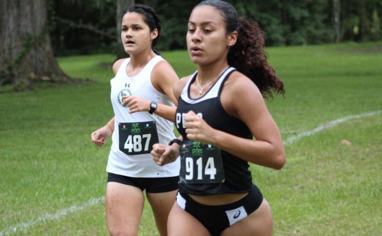 Florida Gateway College runner Merlin Leal (left) runs alongside a Pasco-Hernando State College runner during the Alligator Lake Invitational on Friday. (COURTESY)