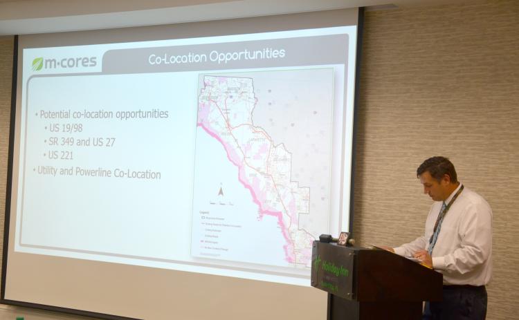 Possible routes for the Suncoast Parkway, a proposed toll road within the Multi-use Corridors of Regional Economic Significance program, is shown during a joint meeting of the County Commission and Tourist Development Council on Thursday as Ryan Asmus with the Florida Department of Transportation presents about the project’s impact on Columbia County. (CARL MCKINNEY/Lake City Reporter)