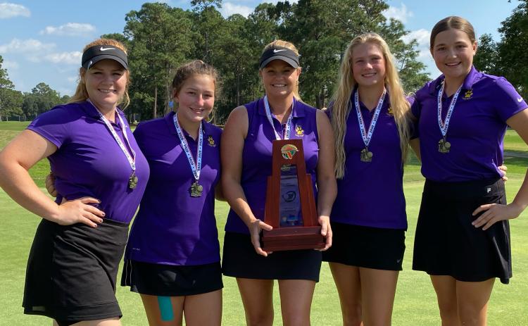 Columbia’s girls golf team won the District 2-2A title on Tuesday at Quail Heights. Pictured are Reece Chasteen (from left), Kayla Hardy, coach Tammy Winnett, Payton Gainey and Ashley Nelson. (COURTESY)
