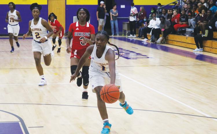 Columbia guard Anzarria Jerkins chases down a loose ball for a steal and layup against Hamilton County during Tuesday’s preseason game. (JORDAN KROEGER/Lake City Reporter)