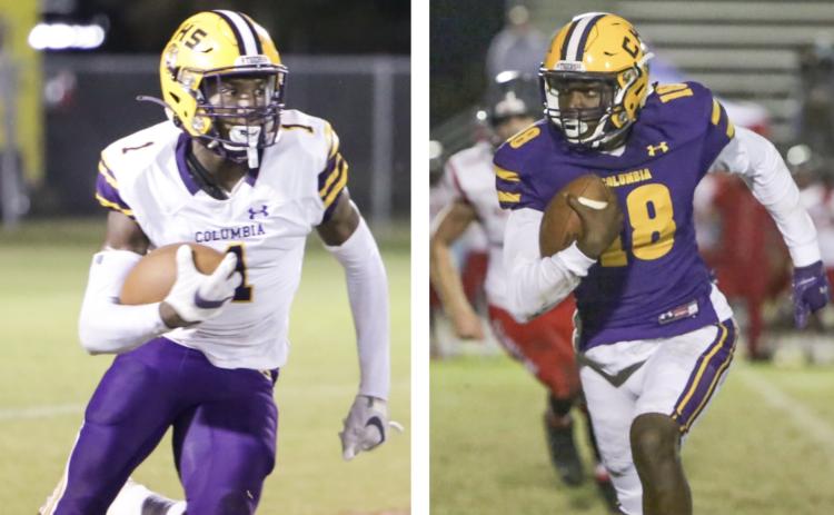 LEFT: Columbia's Shyheim Brown returns a kickoff against Wakulla on Oct. 23. RIGHT: Columbia's Marcus Peterson takes a carry up the field against Seabreeze during the Region 1-6A quarterfinals on Nov. 20. (BRENT KUYKENDALL/Lake City Reporter)