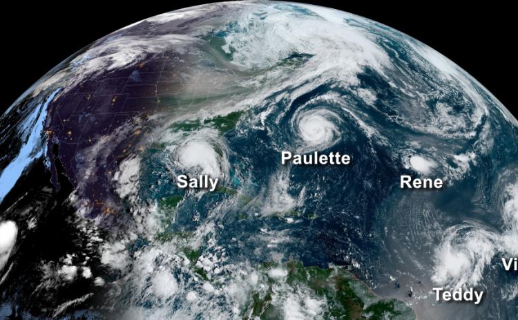 An image from a NOAA satellite on Sept. 14 shows five tropical systems spinning in the Atlantic basin at one time. In all, a record 10 named storms formed in September 2020. (NOAA)