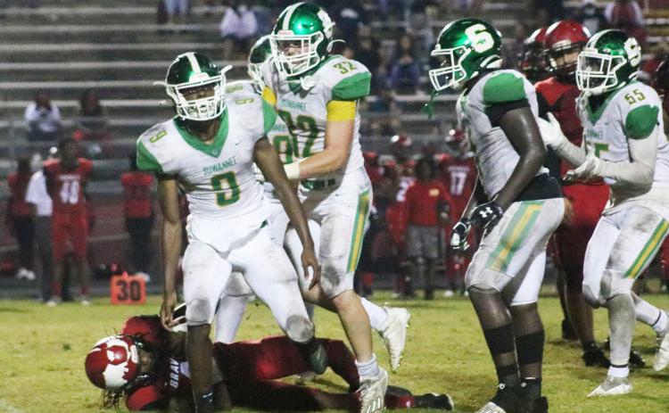 Suwannee’s Keshawn Jones celebrates after a sack late against Terry Parker during last Friday’s Region 1-5A playoff game. (JAMIE WACHTER/Lake City Reporter)