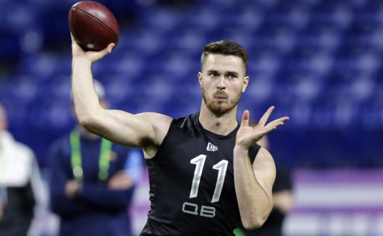 Former Oregon State quarterback Jake Luton throws a pass at the NFL football scouting combine on Feb. 27 in Indianapolis. The Jaguars (1-6) believe Luton will make a smooth transition into the starting lineup despite not playing in nearly a year. He missed out on preseason games and was the team’s third-string quarterback for the first seven games, inactive behind starter Gardner Minshew and backup Mike Glennon. (AP FILE PHOTO))