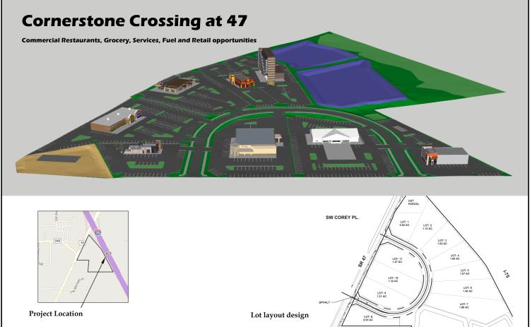 An artist’s rendering of the Cornerstone Crossing at 47 development, which will include commercial, restaurants, grocery and retail sites, according to developer Scott Stewart. Work at the site is expected to begin next year. (COURTESY)