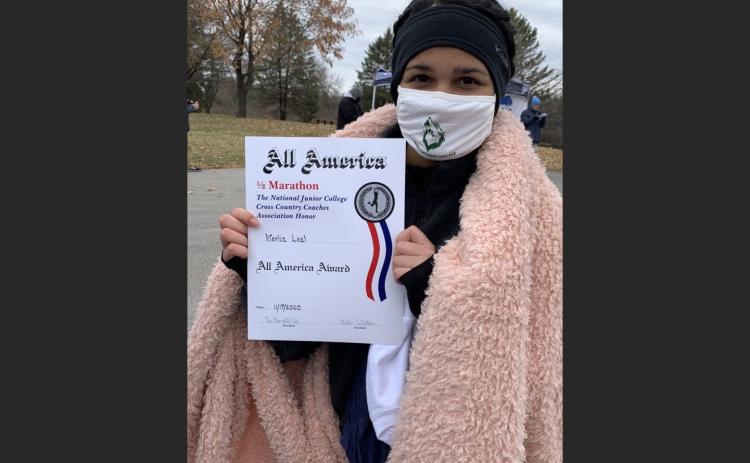 FGC freshman Merlin Leal received the All-America Award for finishing in the top 20 at the 2020 NJCAA Women’s Half Marathon Championship in Fort Dodge, Iowa, placing 19th with a time of 1:49:52.6 in the 13.1-mile race. (COURTESY)
