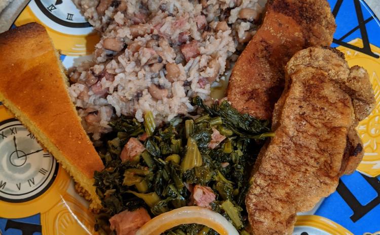 The traditional New Year’s Day meal in the American South includes pork (good fortune and wisdom), greens (money), cornbread (gold) and black-eyed peas (health and coins). (COURTESY)