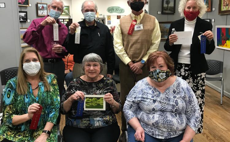 Winners from the Gateway Art Gallery members’ art show are, in front, Laura Hunter-Null (from left), Vicki D. Shanks, Brenda Kennedy; in back, Jim Riley, David Campione, Herb Ellis and Carol Cieslik. (COURTESY)