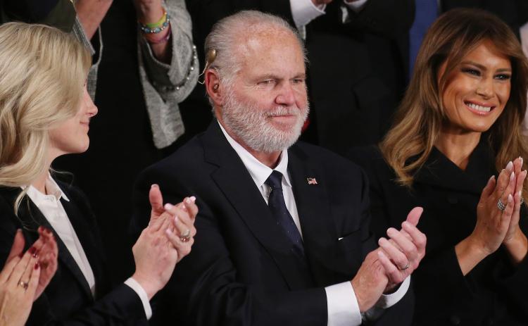 Radio personality Rush Limbaugh and wife Kathryn, left, attend the State of the Union address with first lady Melania Trump in the chamber of the U.S. House of Representatives on Feb. 4, 2020 in Washington, D.C. (MARIO TAMA/Getty Images/TNS)