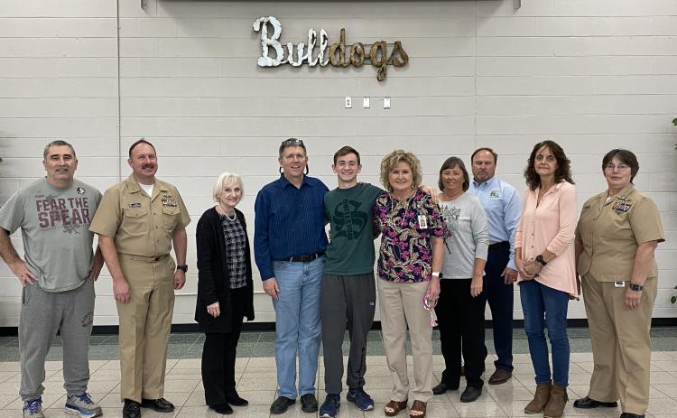 Celebrating Timothy Jolicoeur’s appointment to the United States Military Academy at West Point at Suwannee High on Thursday were teachers and staff that have helped the SHS senior receive that early admission. Those staff and teacher include coach John Wainwright, from left, Senior Chief Patrick Dawson, Tammy Boggus, Jay Jolicoeur (his father as well as science teacher), Jolicoeur, Melinda Griffith, Sandra Hurst, Ronnie Gray, Paula McMillan and Lt. Debra Kleinsmith. (COURTESY)