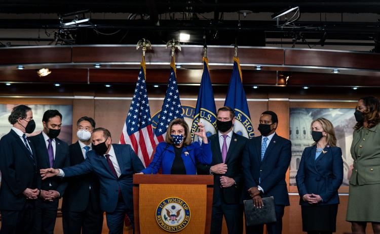Speaker of the House Nancy Pelosi (D-Calif.) speaks during a news conference on Capitol Hill on Saturday in Washington, D.C. (KENT NISHIMURA/Los Angeles Times/TNS)