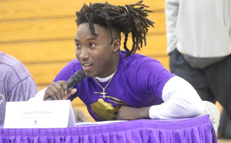Columbia receiver Jaden Williams speaks during his signing ceremony on Wednesday. The 3-star prospect inked his LOI with Butler County Community College. (JORDAN KROEGER/Lake City Reporter)